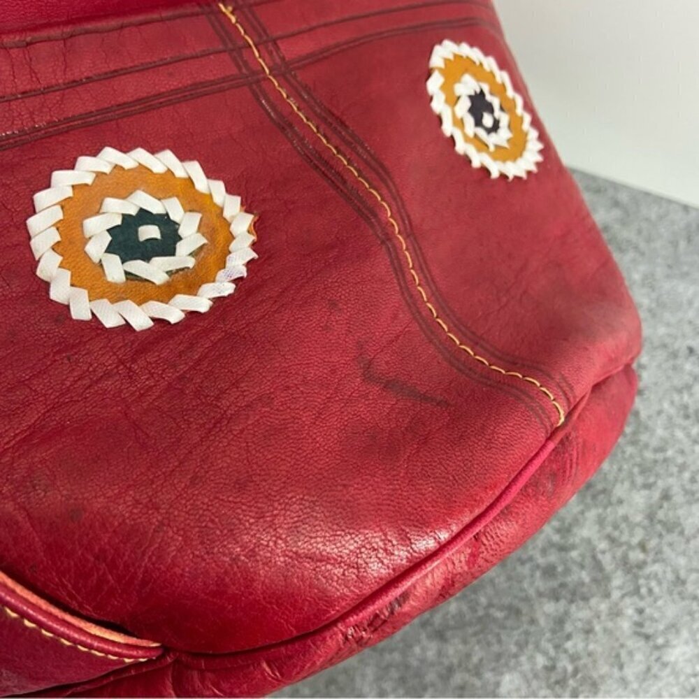 Vintage Drawstring Red Leather Women's Bucket Shoulder Bag - Picture 6 of 10